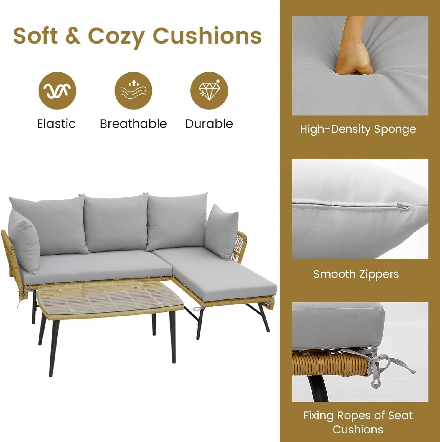3PC L-Shaped Rattan Garden Corner Sofa Set Patio Lounge Glass Table Grey