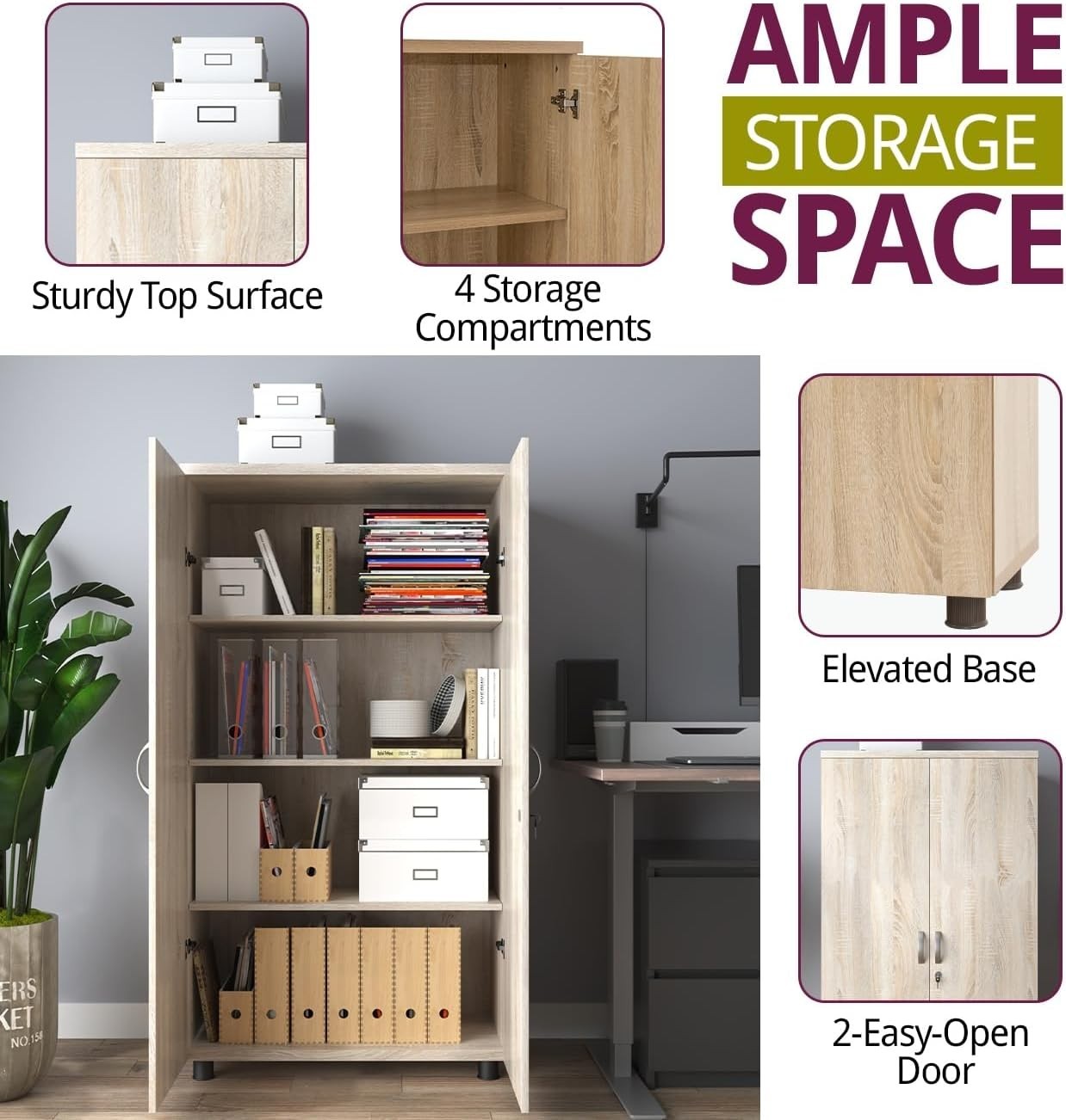Tall Oak Effect Lockable Office Cupboard 4 Shelf Storage Cabinet