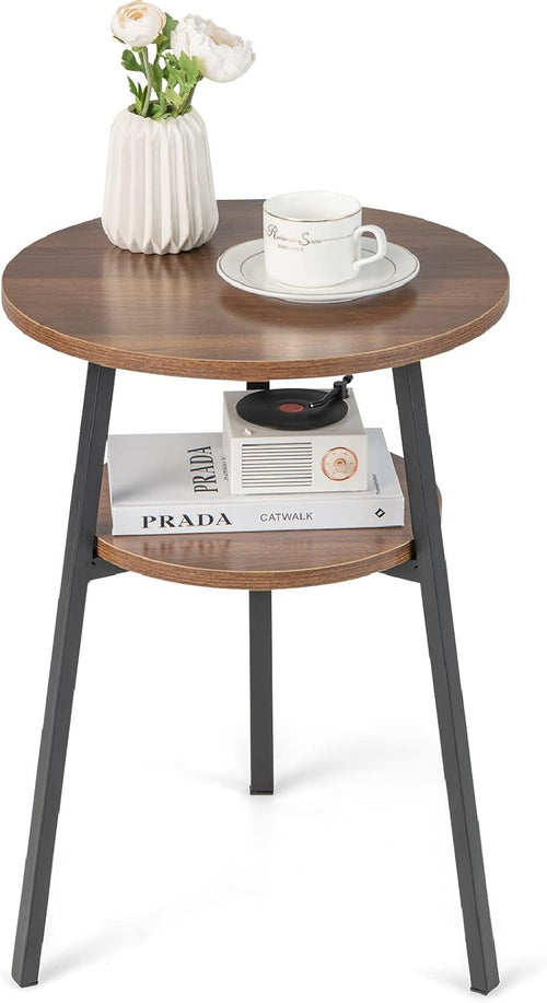 Round Industrial Side Table with Storage Shelf – Slim Wood Metal Accent Table