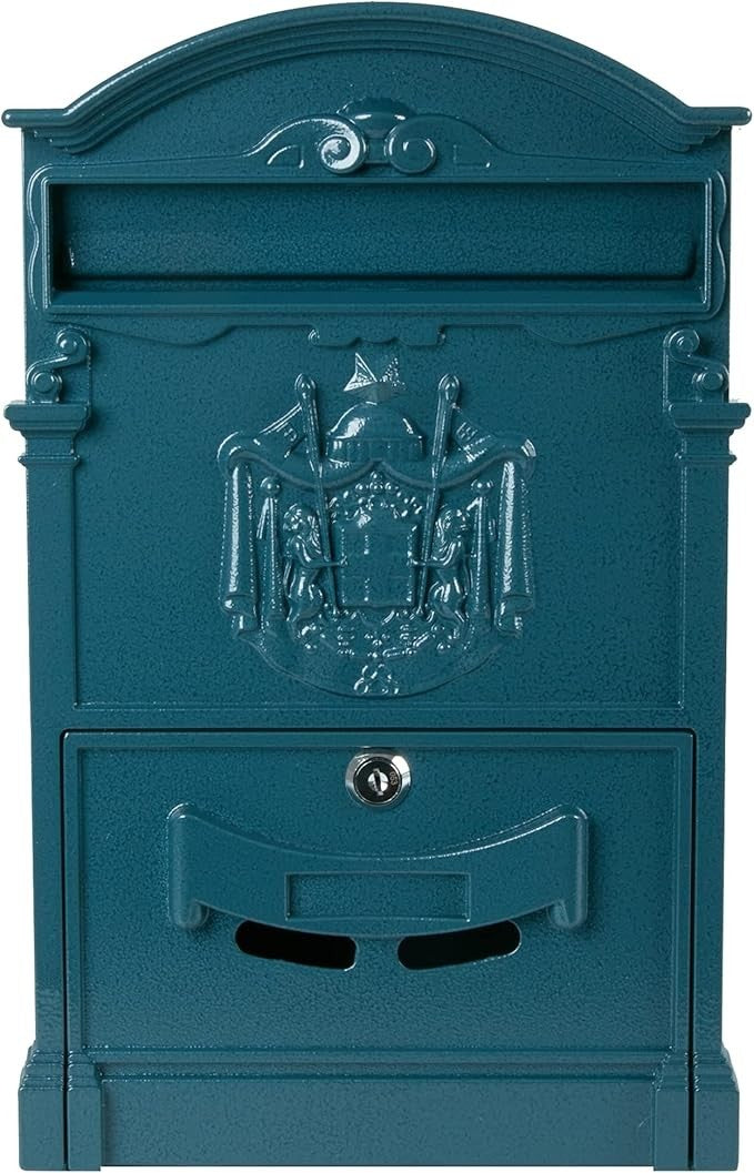 Wall Mounted Lockable Mailbox Blue | Large Vintage Post Box | Rustproof Steel
