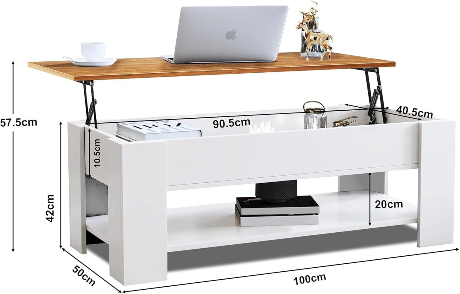 Lift Top Coffee Table with Hidden Storage, Modern Wooden Sofa Table, 100x50cm