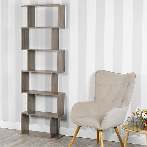 6 Tier S-Shaped Display Shelf Unit Grey Oak | Tall Modern Bookcase Storage