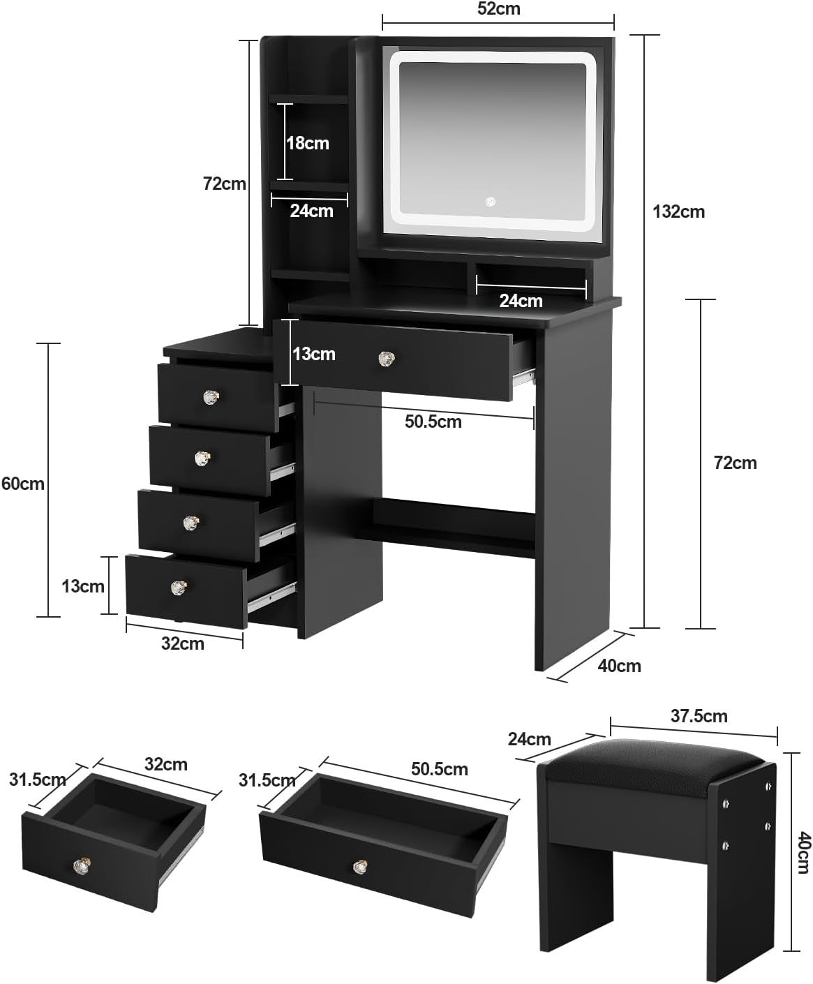 Black Vanity Desk with LED Mirror Lights 5 Drawers Makeup Table Compact 90cm