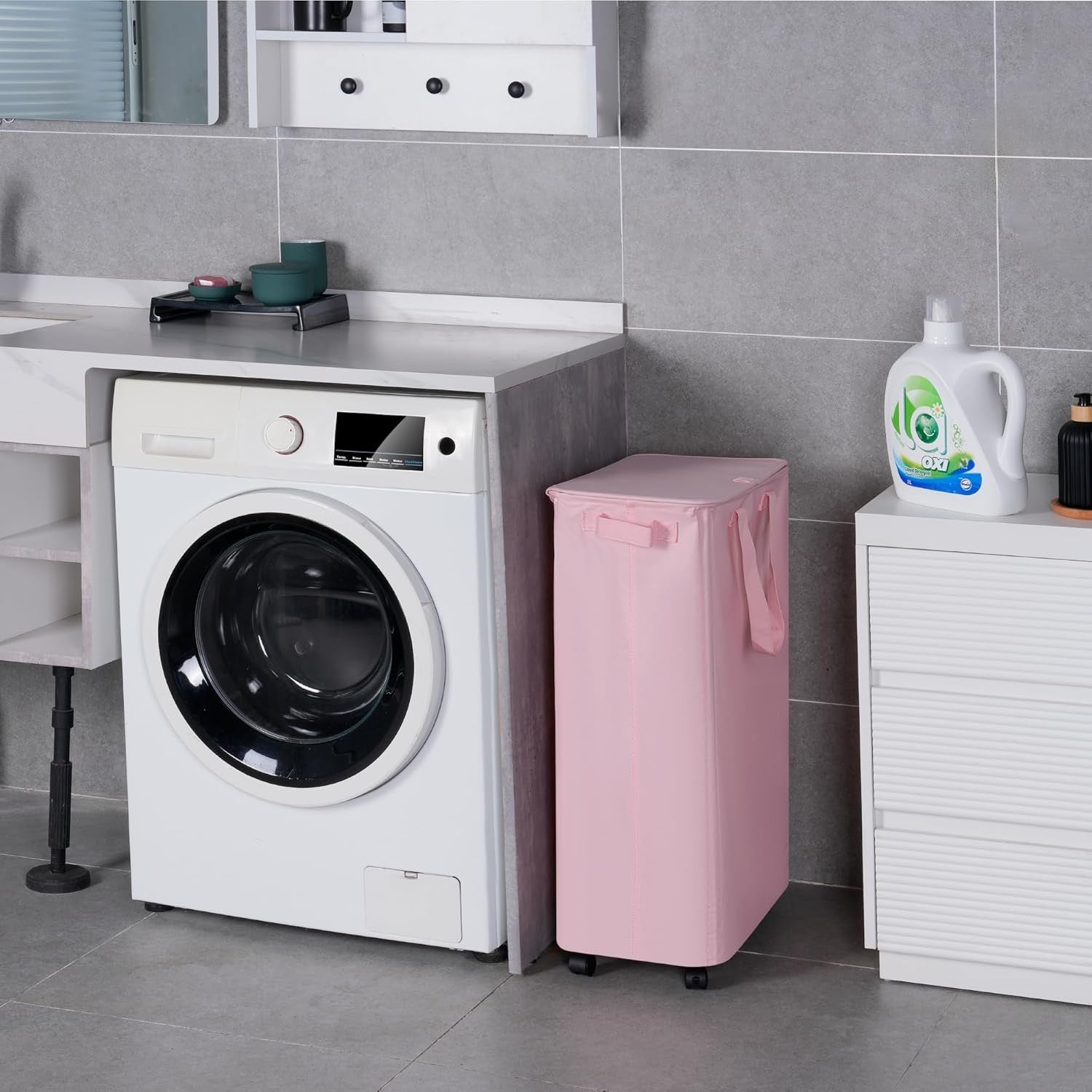 Slim 75L Pink Laundry Hamper with Lid & Wheels – Tall Rolling Basket for Small S