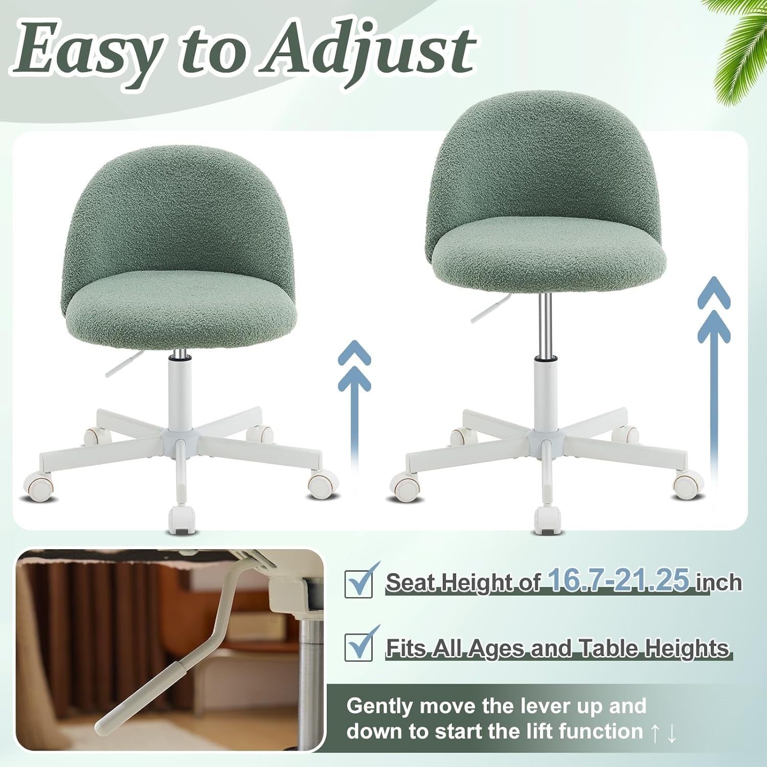 Light Green Velvet Vanity Chair with Back – Small Swivel Office Makeup Seat
