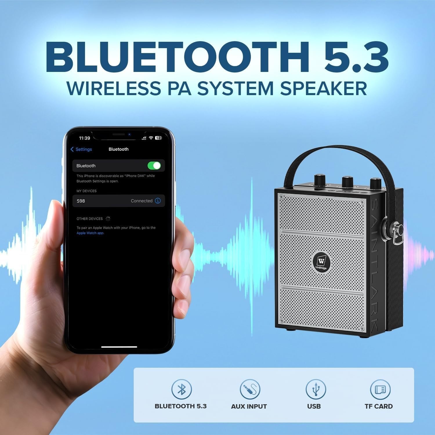 40W Bluetooth 5.3 Voice Amplifier Wireless Mic PA System 15M
