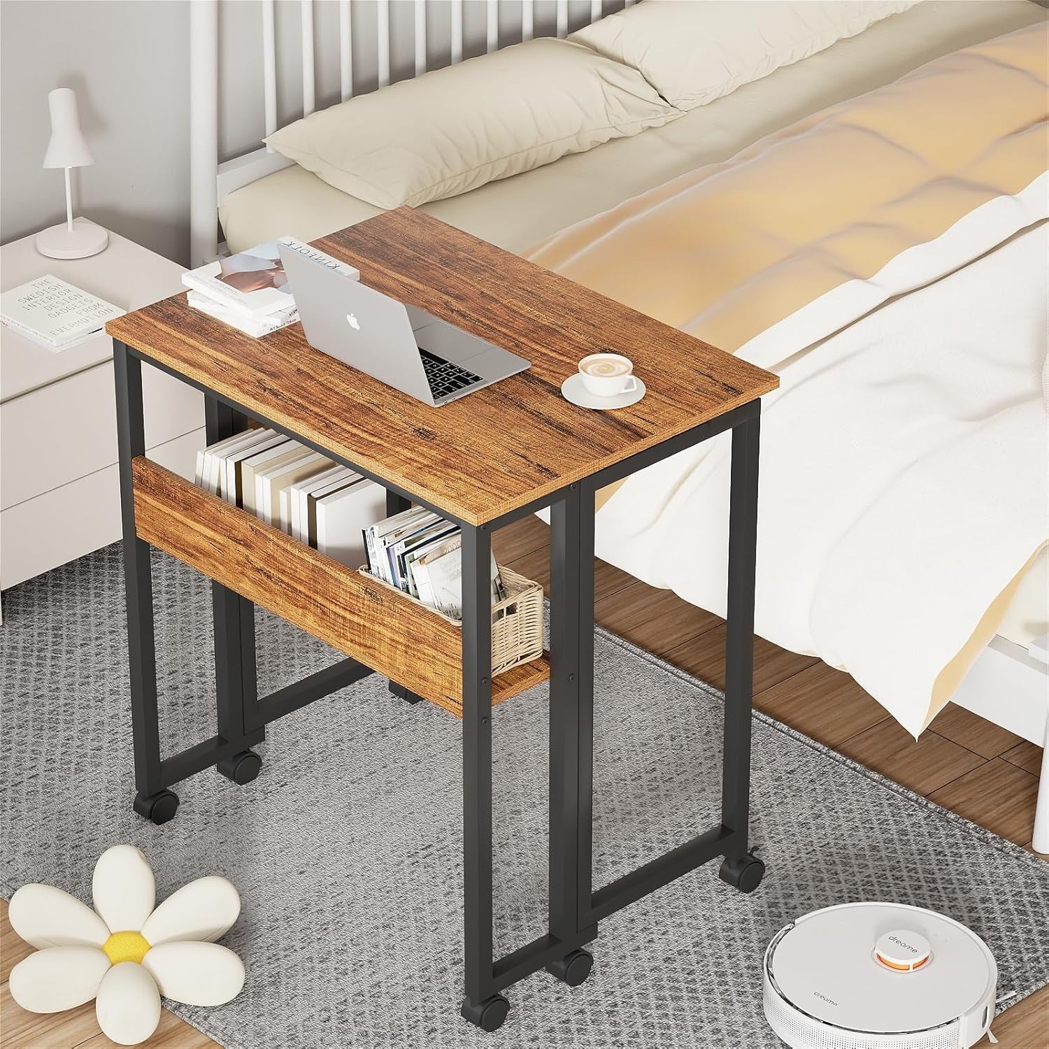 Folding Desk with Shelf & Wheels 31.5" Compact Walnut Rolling Computer Table