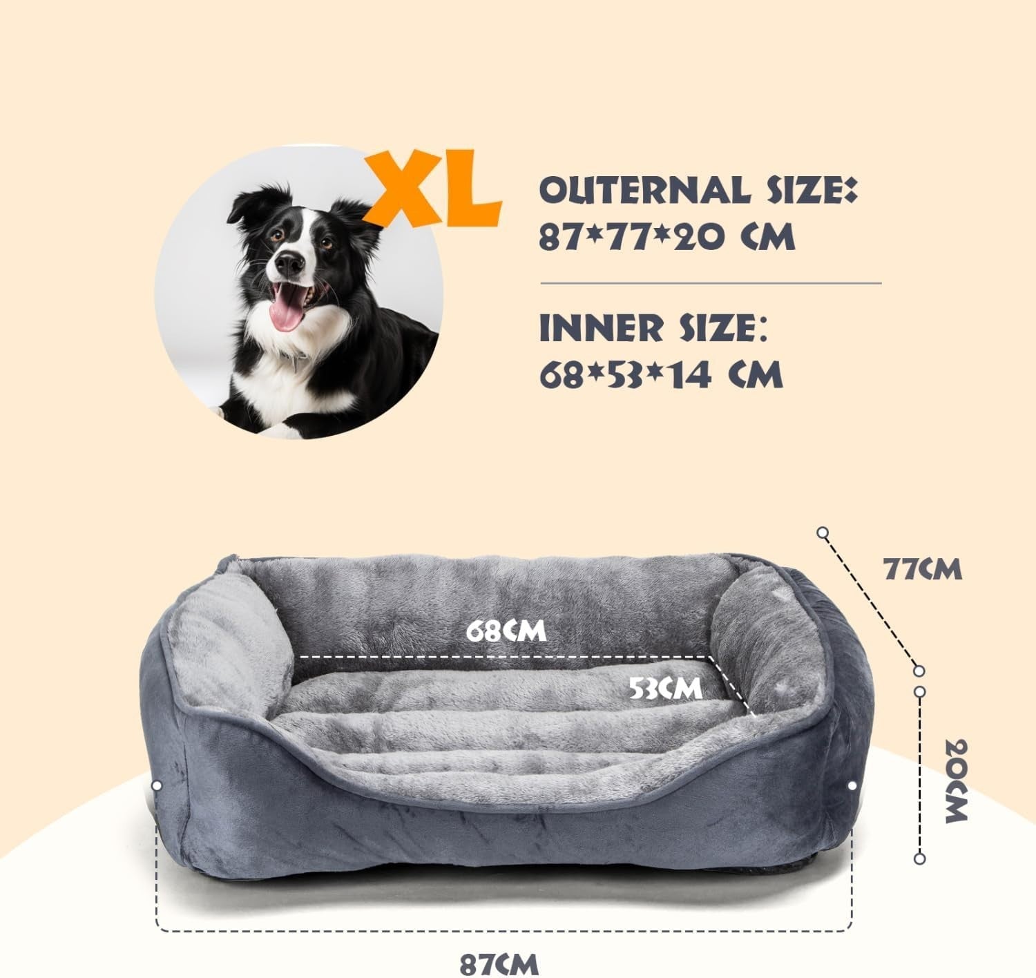 Extra Large Dog Bed 87x77x20cm Plush Washable Non Slip Grey