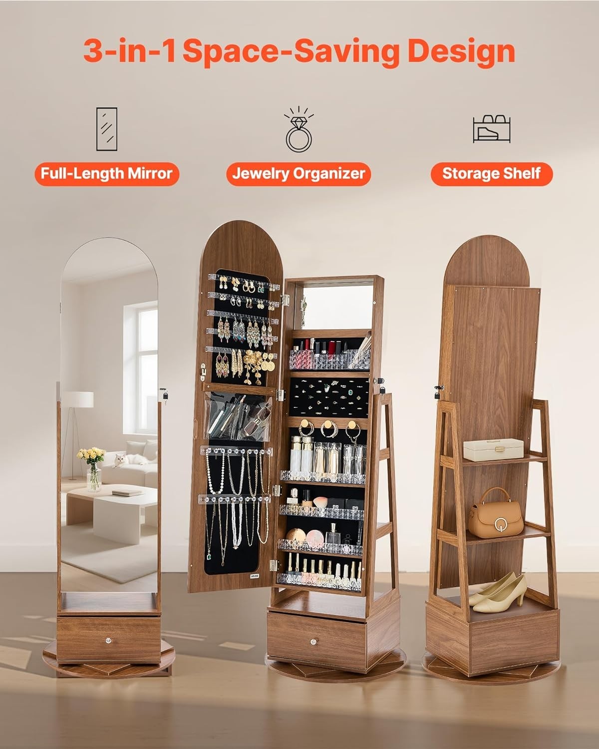 Rotating Jewelry Armoire 360 Swivel Full Length Mirror Lockable Storage