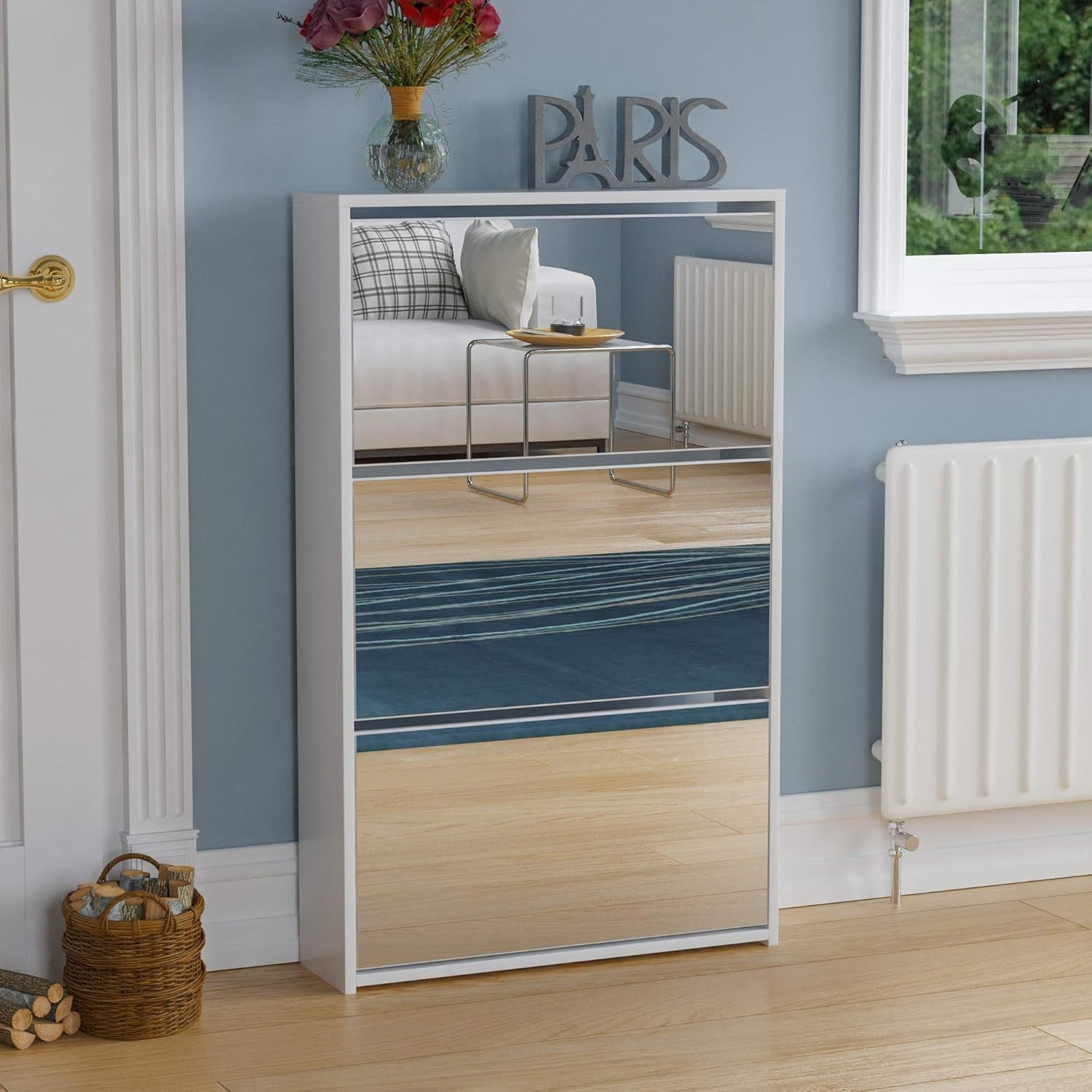 Mirrored 3-Drawer Shoe Cabinet Hallway Storage Unit 62x16.5x100cm White