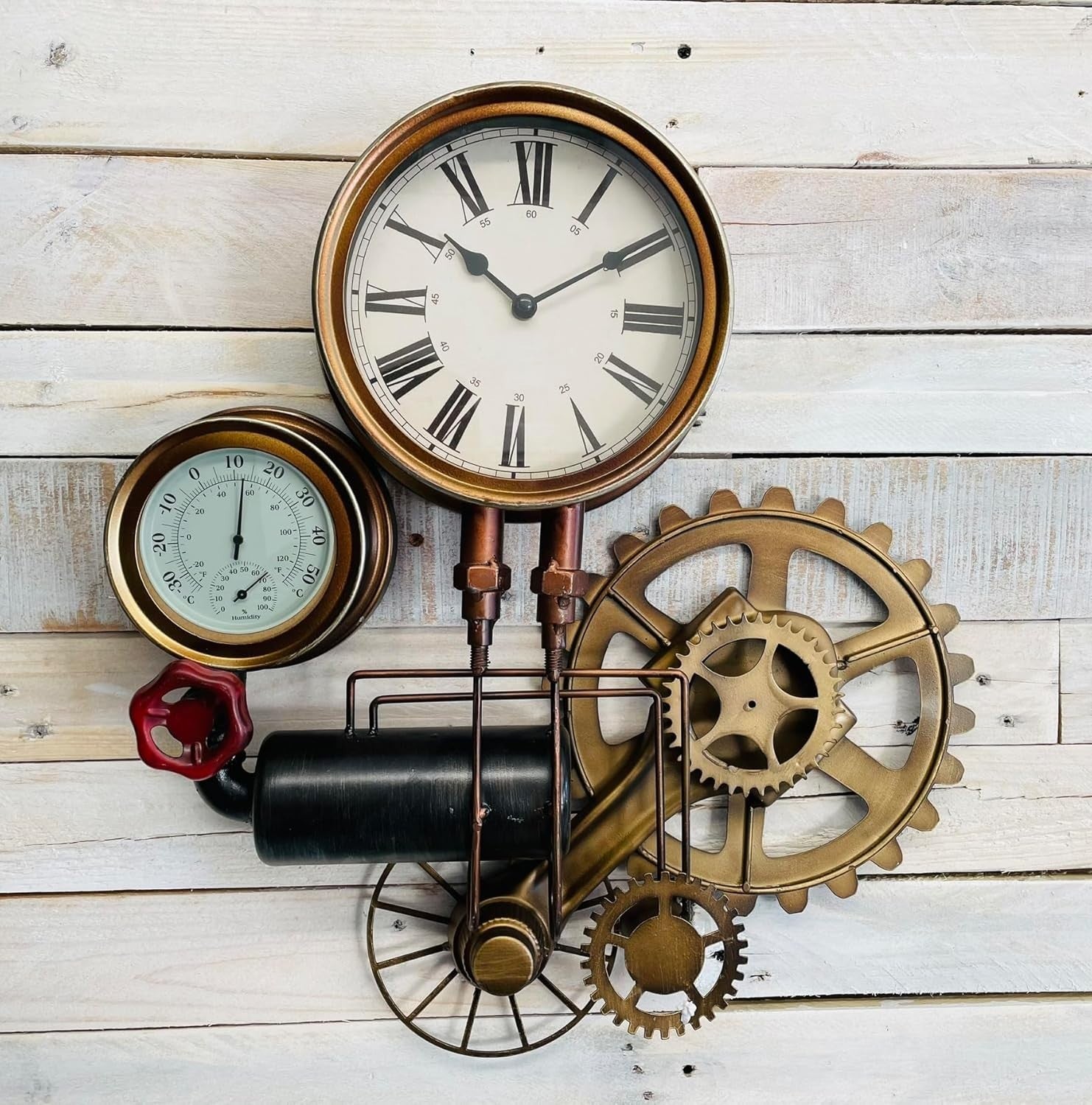 Steampunk Pipe Gear Wall Clock Industrial Gold Retro Temp Display 58x48cm