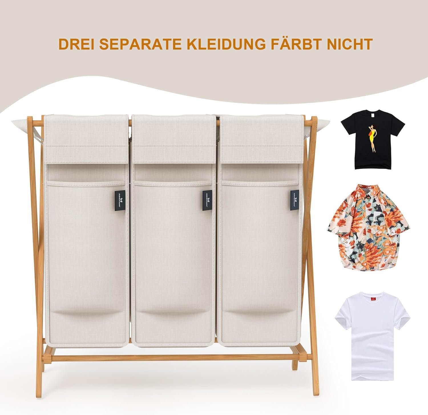 3 Compartment Bamboo Laundry Hamper 150L Foldable Sorting Basket with Lid