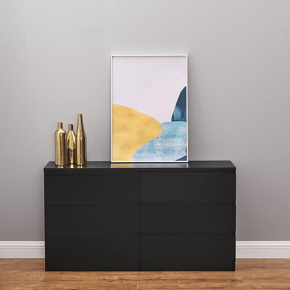 Wide 6 Drawer Black Chest Modern Bedroom Storage Cabinet Large Dresser