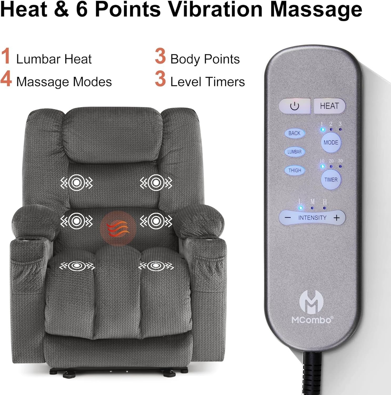 Zero Gravity Recliner Chair Massage Heat Extended Footrest USB Cup Holder Grey