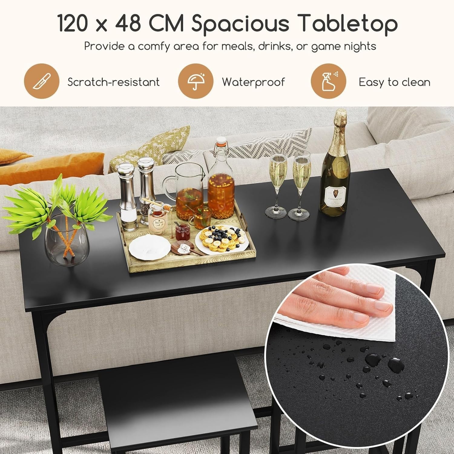3 Piece Bar Table Set with 2 Stools Space Saving Counter Height Dining Black