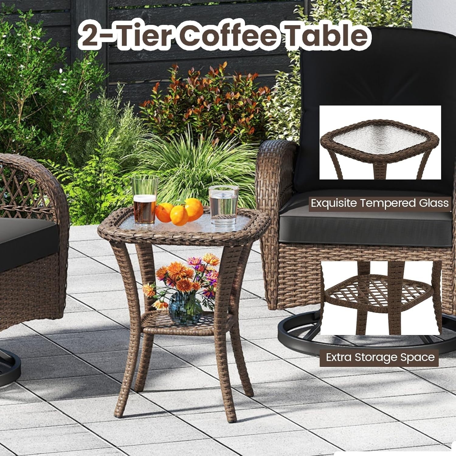 Luxury Swivel Rattan Bistro Set Reclining Chairs Coffee Table Garden Patio