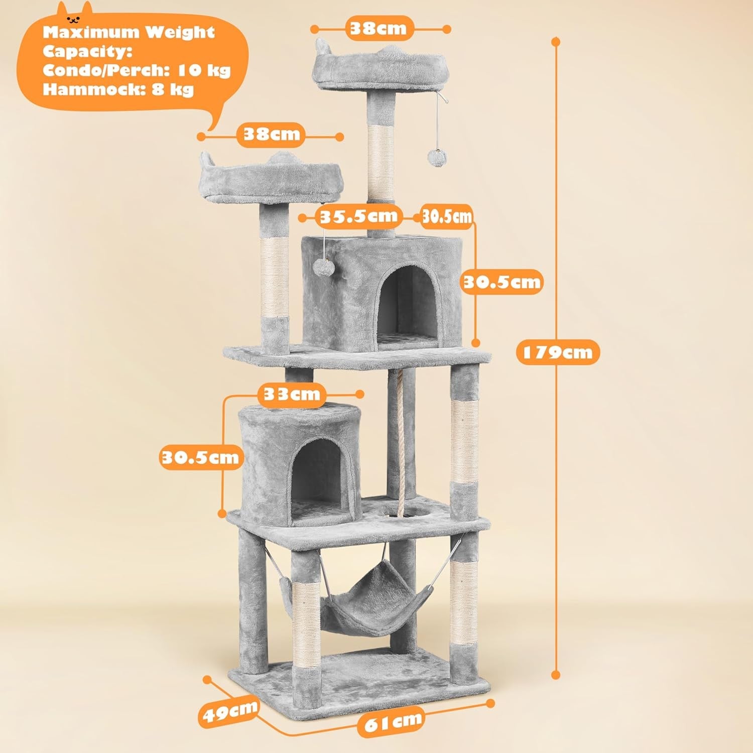179cm Cat Tree Tower Multi Level Scratching Indoor Climber with Hammock