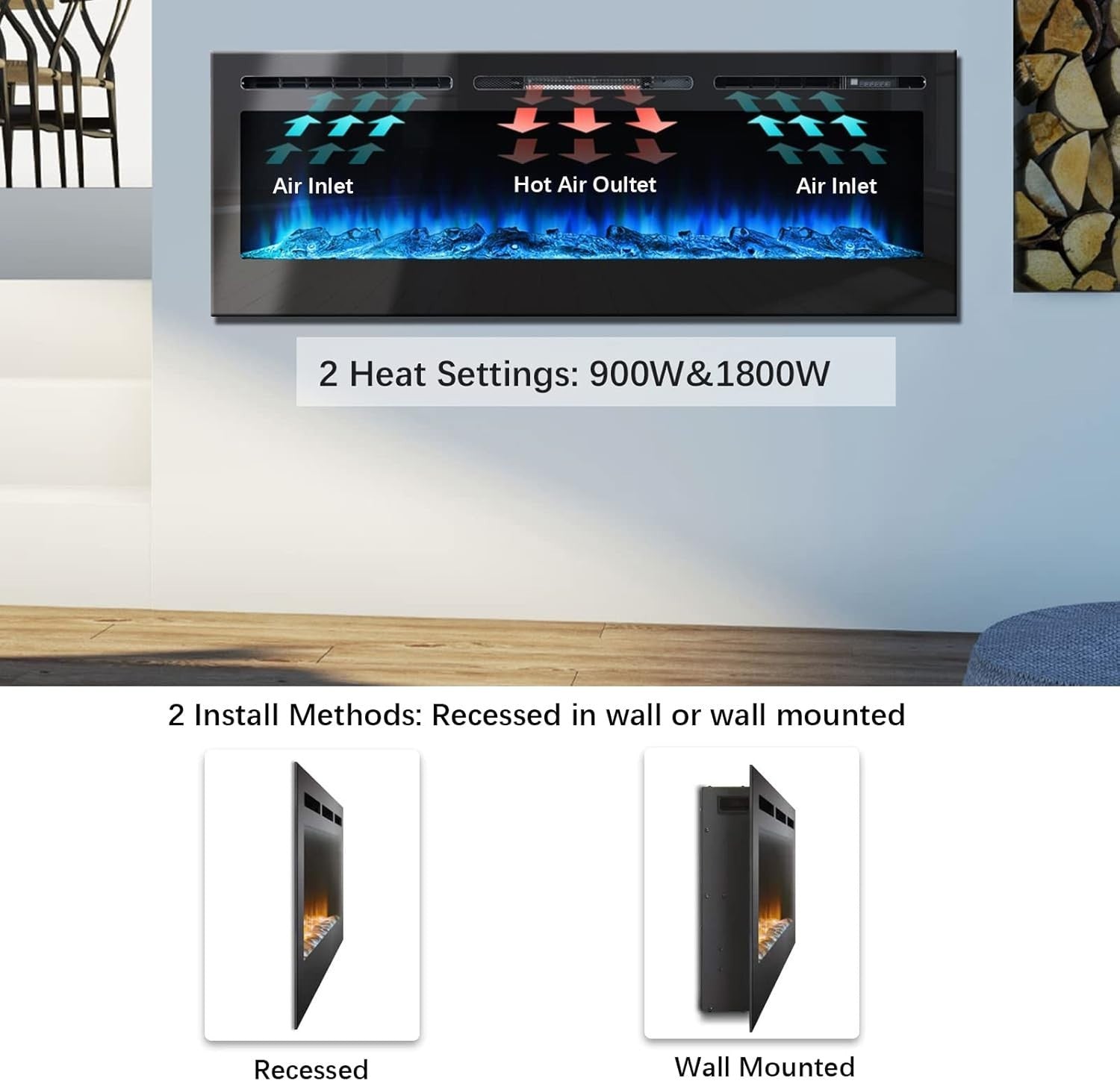102cm Wall-Mounted Electric Fireplace with Remote & 12 LED Flame Colors