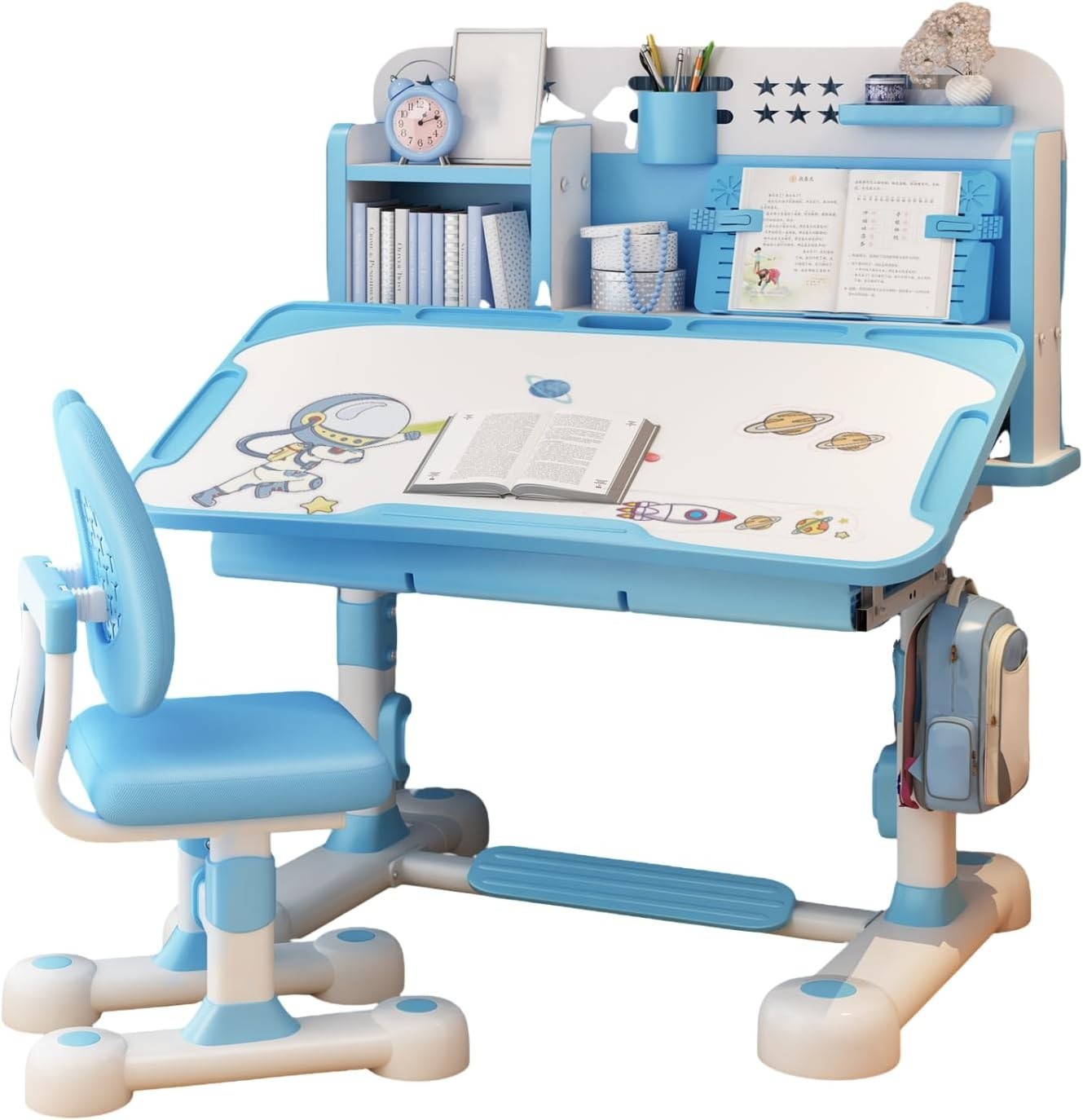 Adjustable Kids Study Table & Chair Set with Storage, Large Desk Blue-4