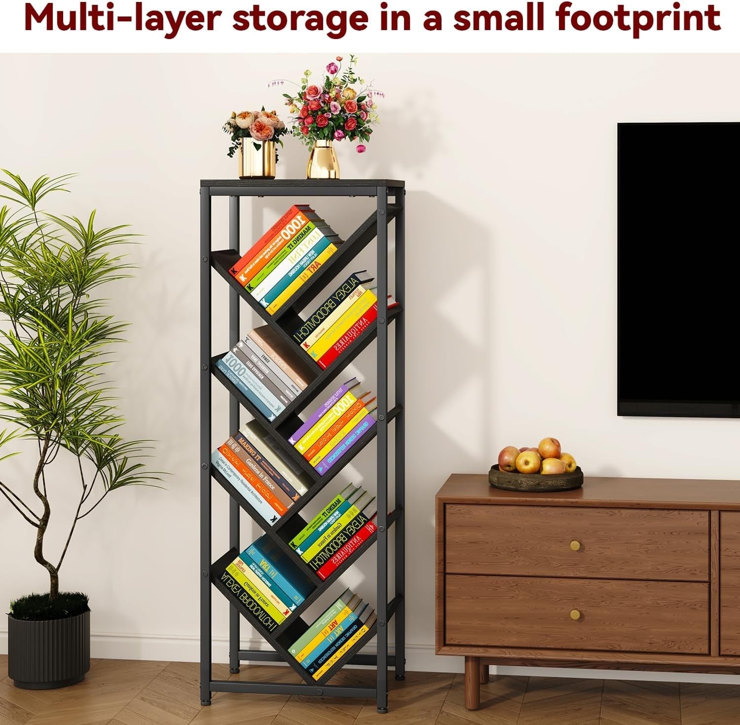 9-Tier Tree Bookshelf Black Wooden Floor Standing Corner Shelf Storage