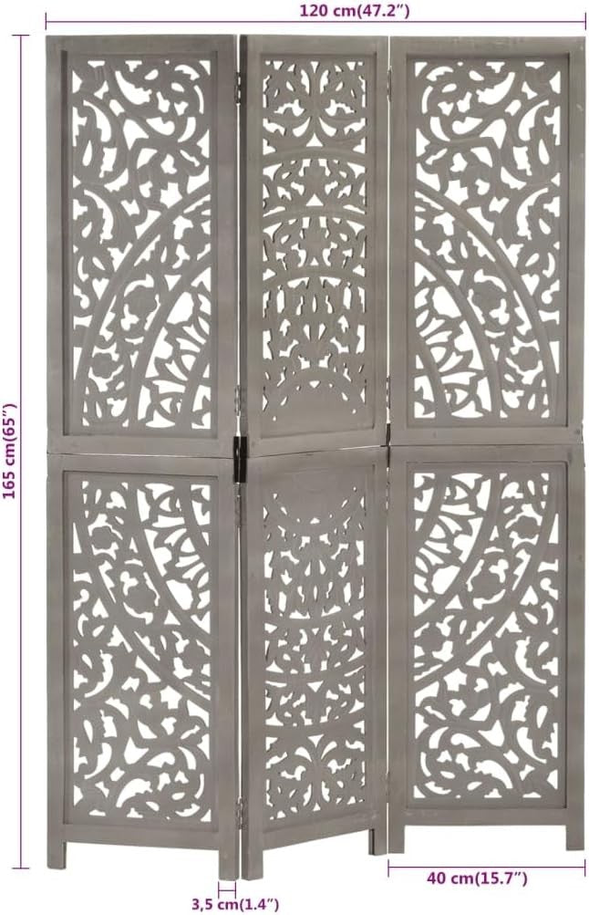 3 Panel Grey Carved Wooden Room Divider 120x165cm Folding Privacy Screen