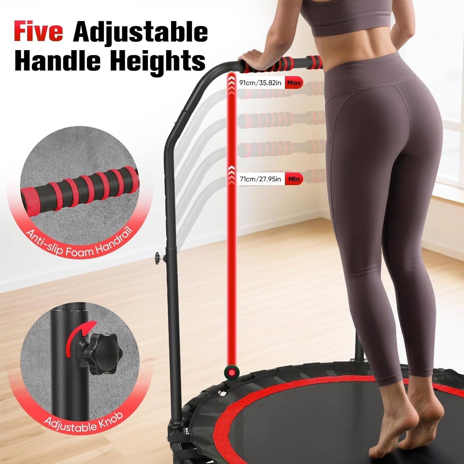 Foldable Fitness Trampoline Indoor w Adjustable Grab Bar Quiet 150kg