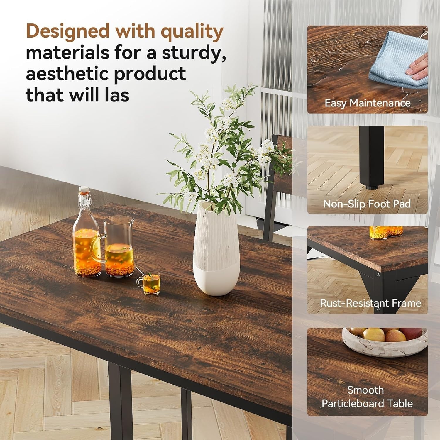 4-Seater Brown Dining Table & Chairs Set - Metal Frame, Space Saving