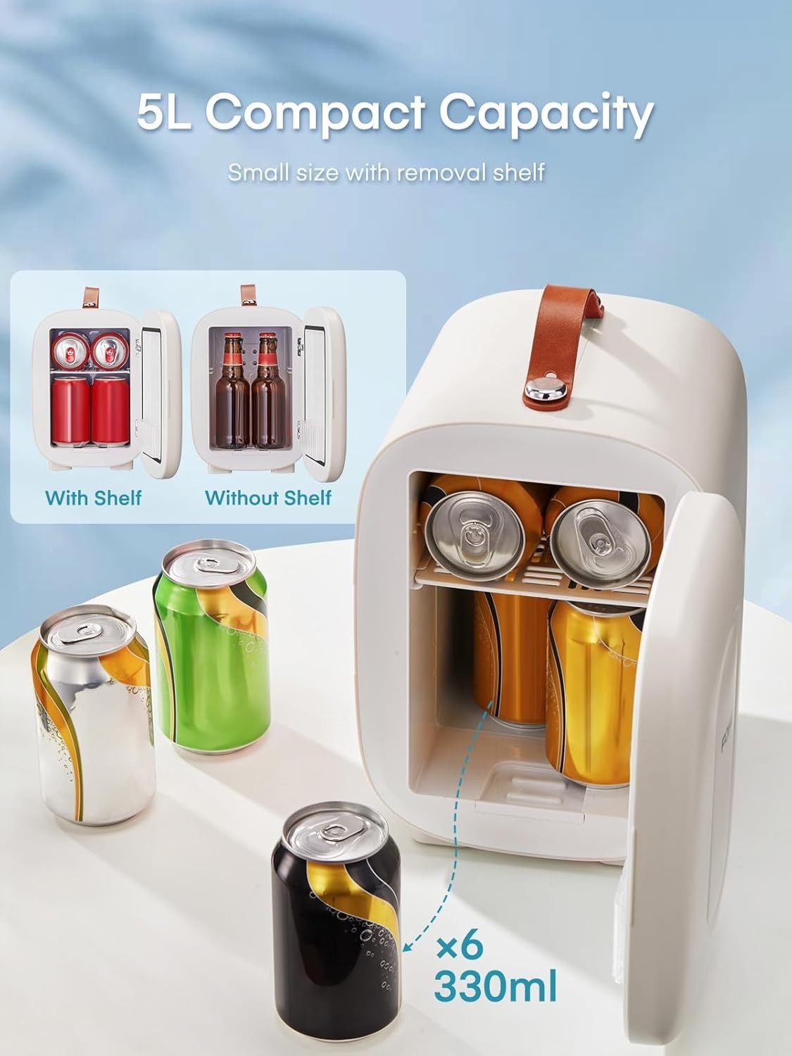 Portable 5L Mini Fridge Small Cooler for Office Bedroom Car Travel White