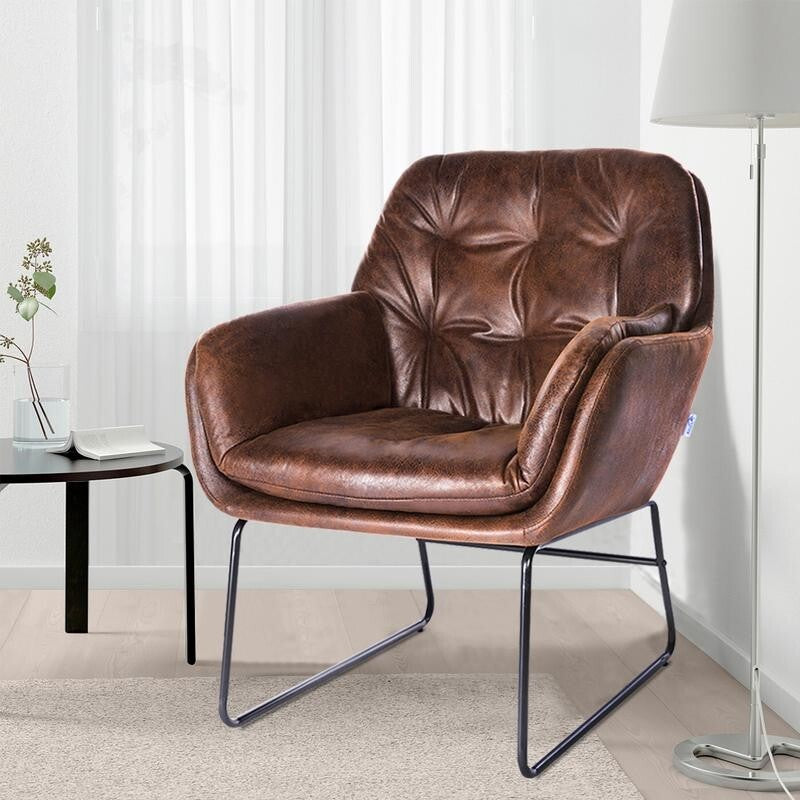 Brown PU Leather Accent Chair with Metal Legs – Tufted Lounge Armchair