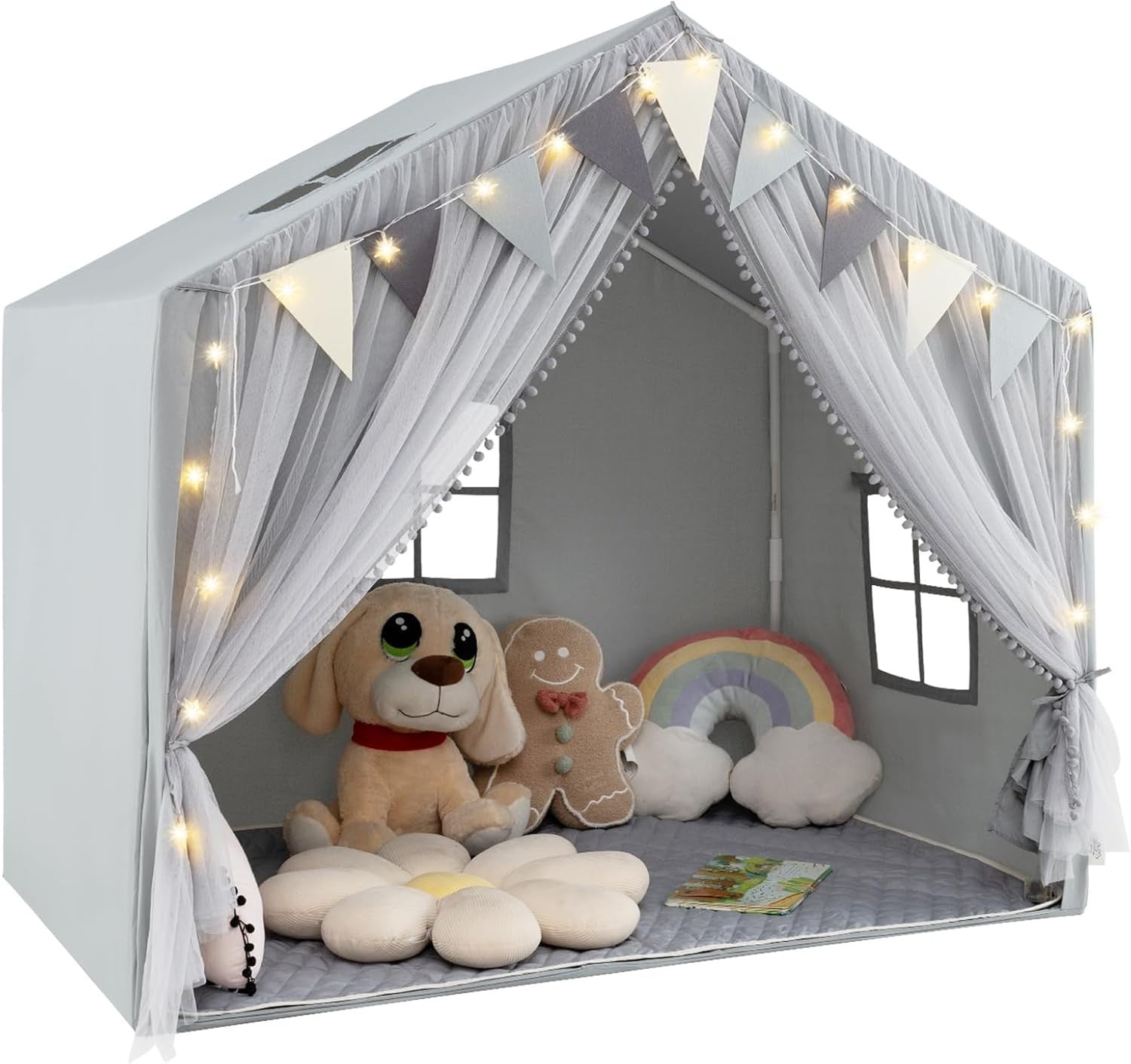 Large Kids Fairy Castle Play Tent Indoor w Mat Lights Windows Gift