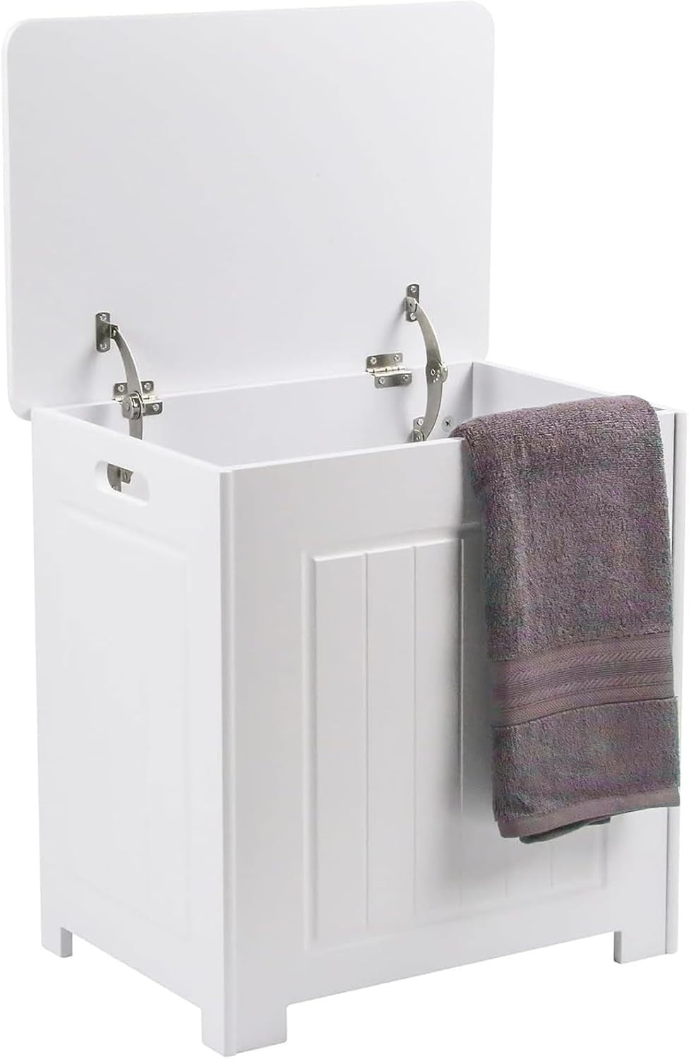 White Laundry Storage Cabinet with Lid Wooden Bathroom Hamper Bin
