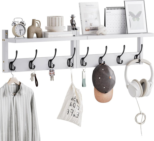 Wall Mounted Coat Rack with Shelf Set of 2 Bamboo Hooks Hallway Organizer