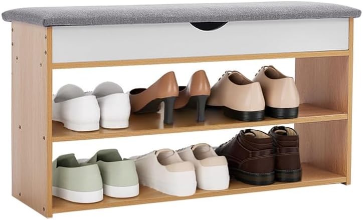 Natural Wooden Shoe Storage Bench with Cushion 2-Tier Organizer Cabinet