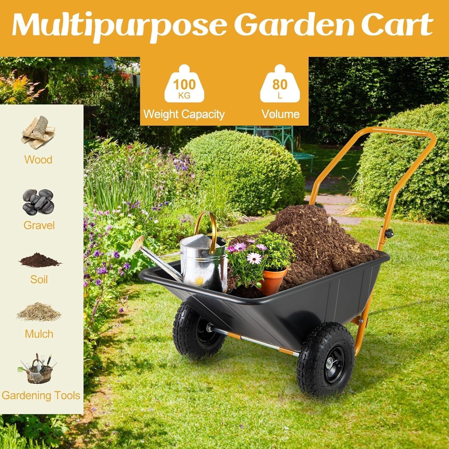 80L 2-Wheel Garden Wheelbarrow & Black Heavy Duty Cart w/ 100kg Load Capacity