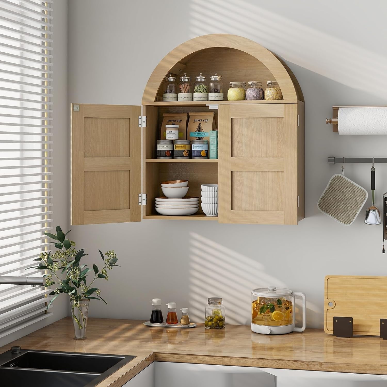 Natural Wood Wall Cabinet Bathroom Storage Cupboard with Double Doors