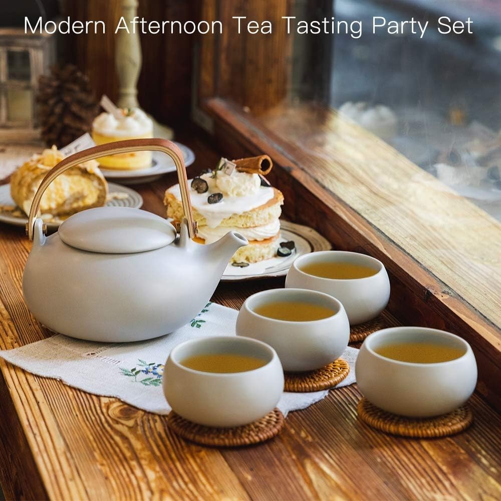Japanese Tea Set 800ml Ceramic Teapot 4 Cups Infuser Wood Handle Grey