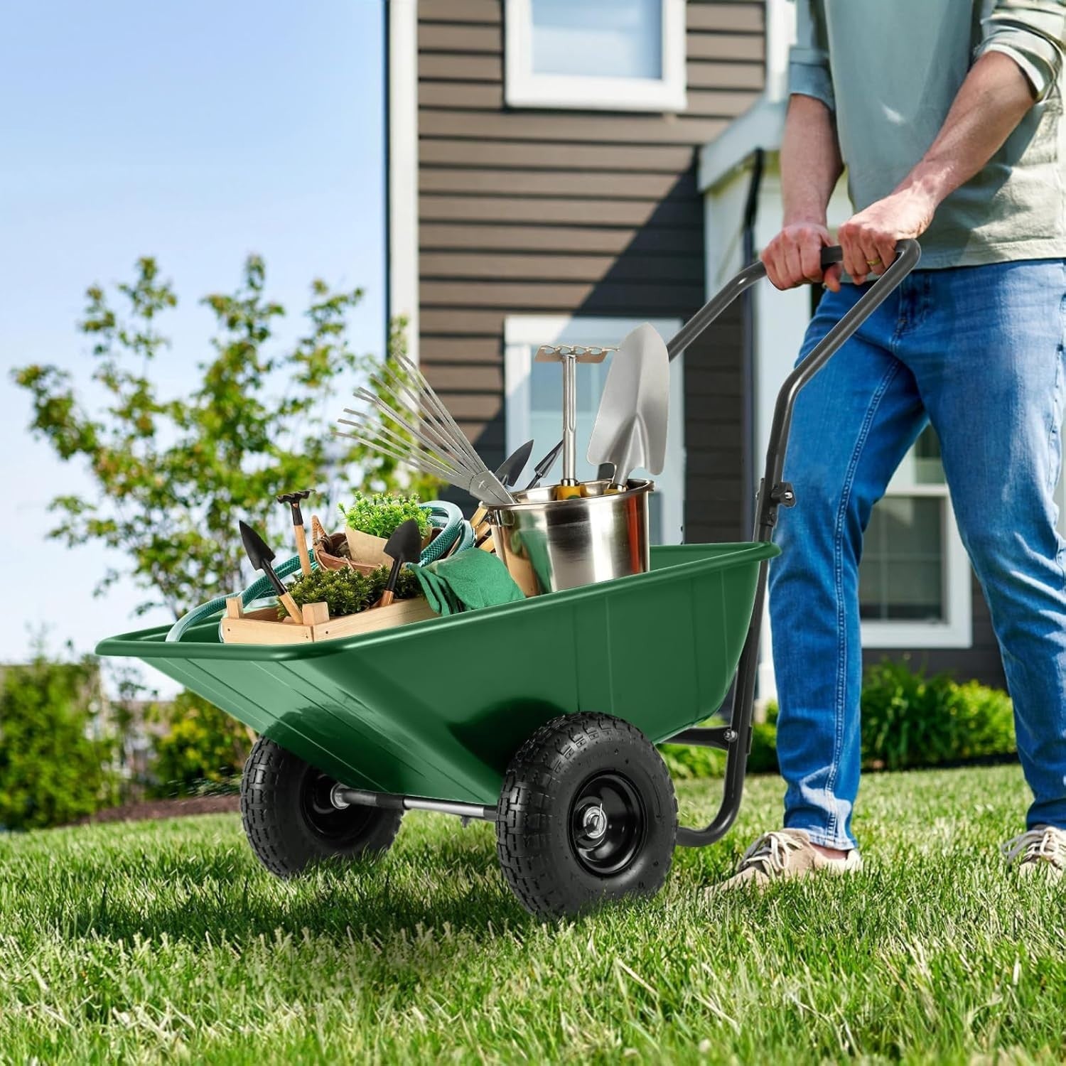 80L 2-Wheel Wheelbarrow Green+Black – Pneumatic Tyres w/ Adj Handle 100kg Cap