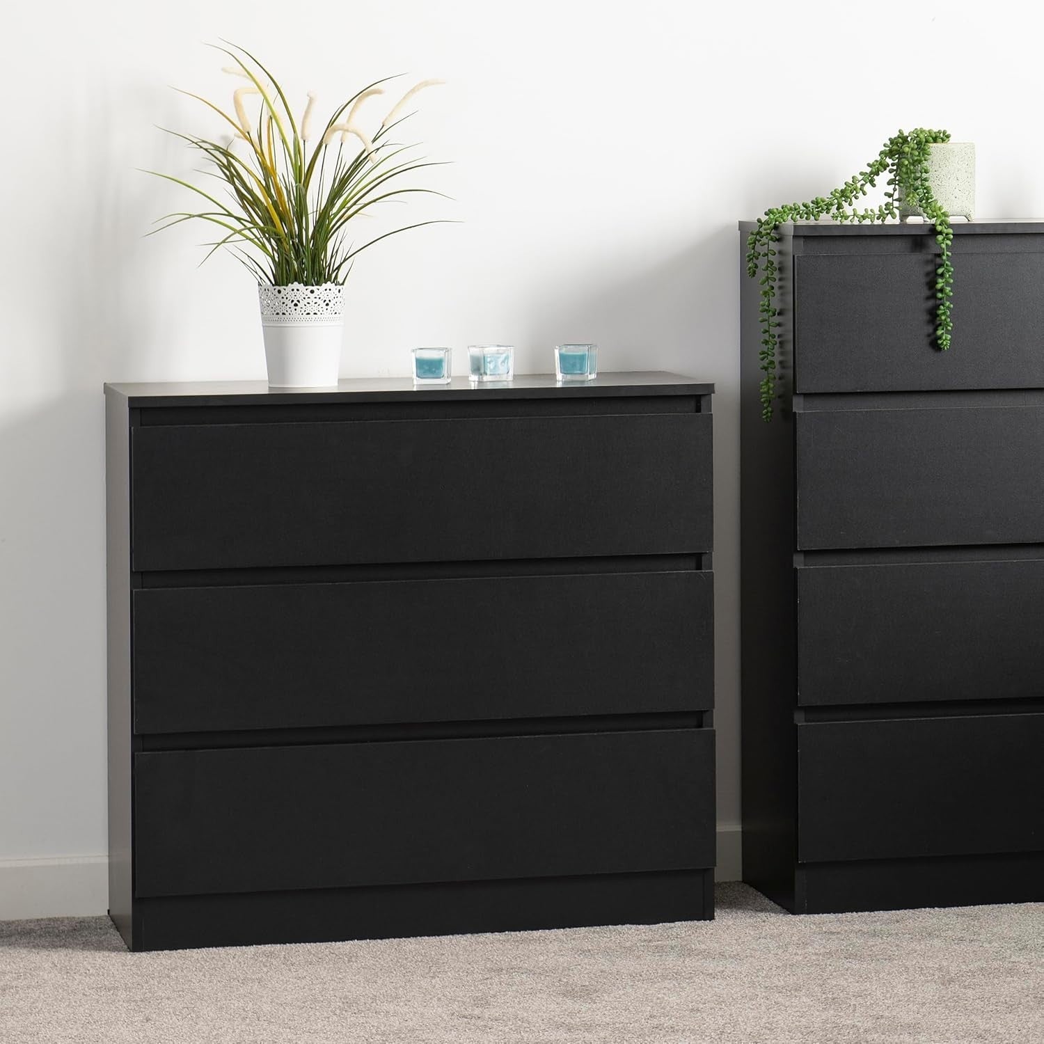 Black 3 Drawer Chest Engineered Wood Storage Cabinet Bedroom Organizer