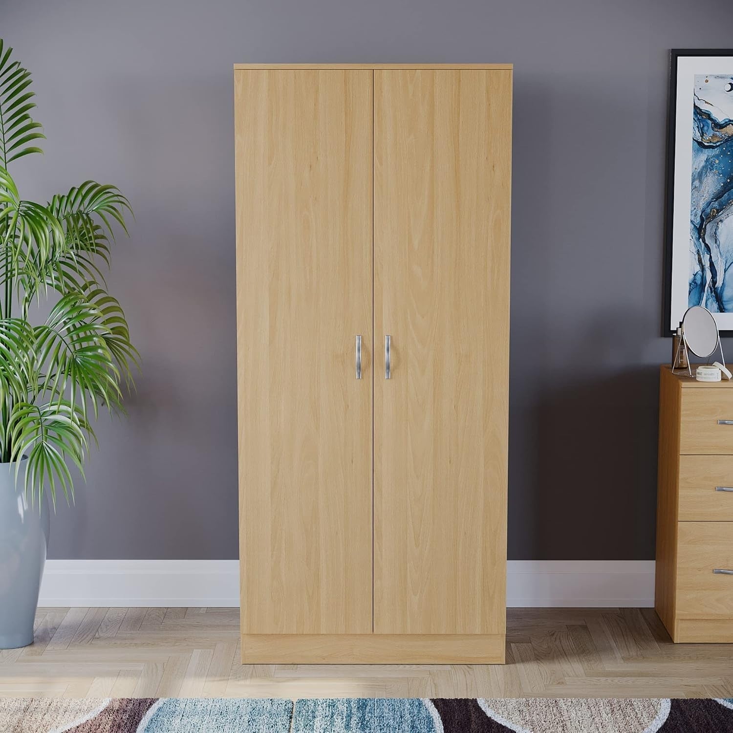 2 Door Pine Wardrobe with Shelf & Hanging Rail, Tall Bedroom Storage