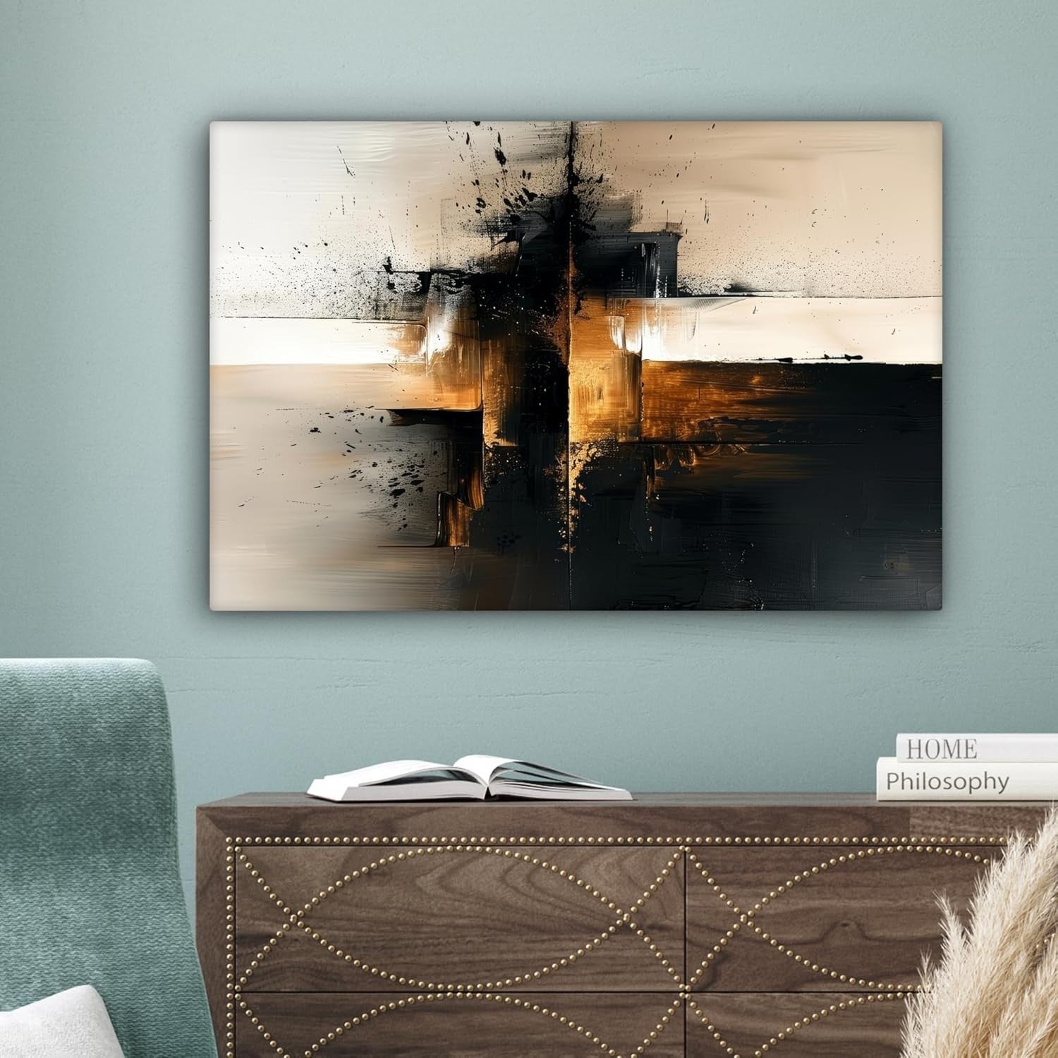 Black Gold Abstract Canvas Wall Art 60x40cm Framed Modern
