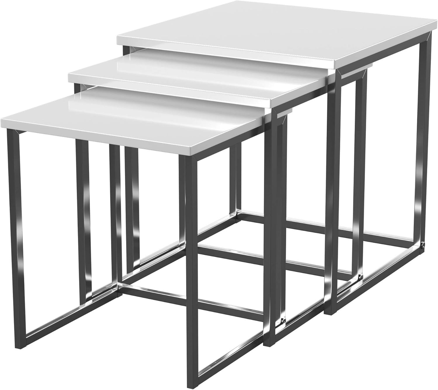 High Gloss White Square Nesting Table Set of 3 Chrome Legs Modern Coffee Side