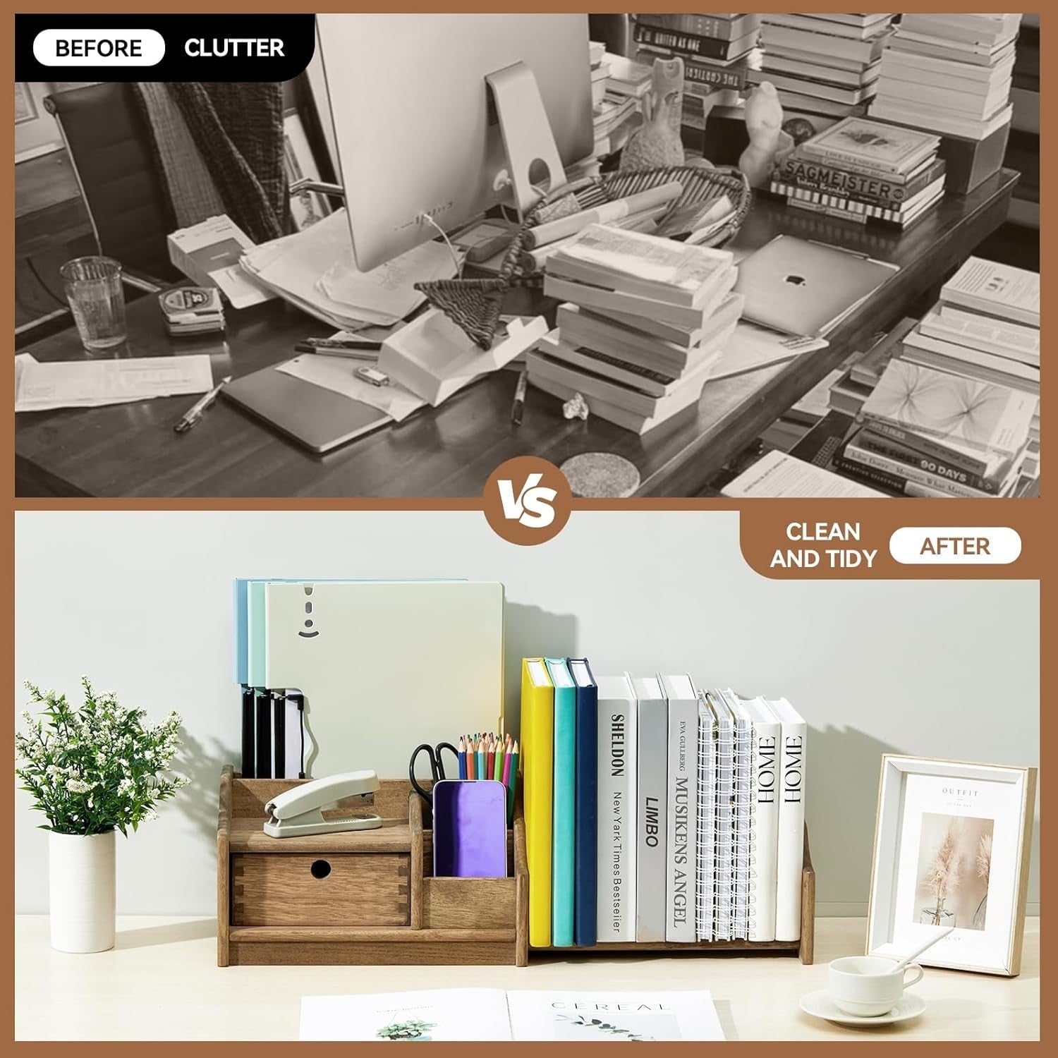 Wooden Desktop Organizer with Drawer Adjustable Shelf Solid Rack