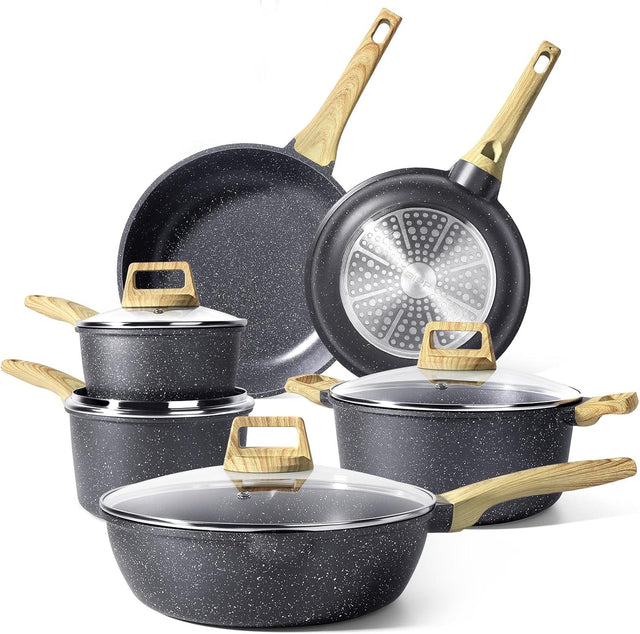 10pcs Grey Granite Non Stick Induction Safe Cookware Set Ceramic Pots Pans