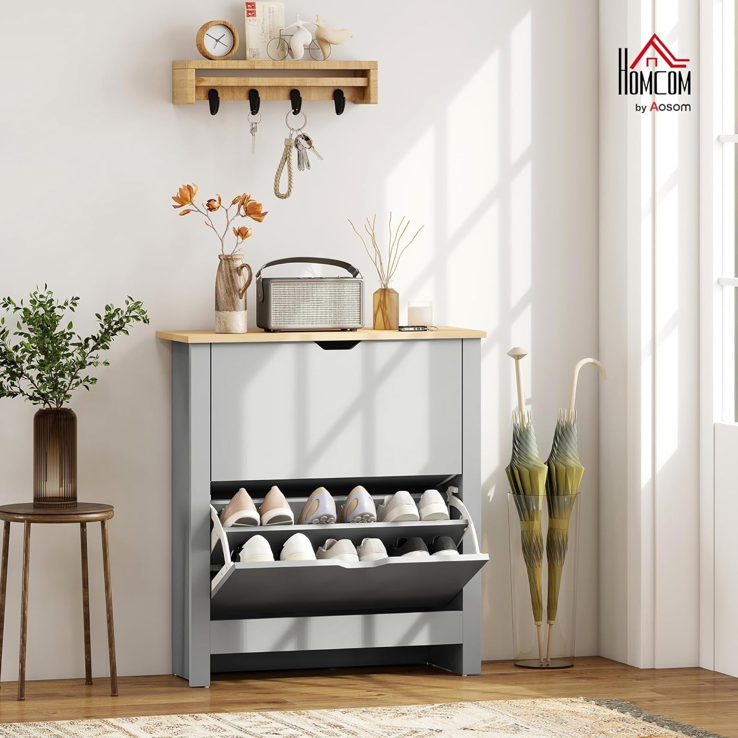 Slim Light Grey Shoe Cabinet 2 Flip Drawers Narrow Storage Unit Modern