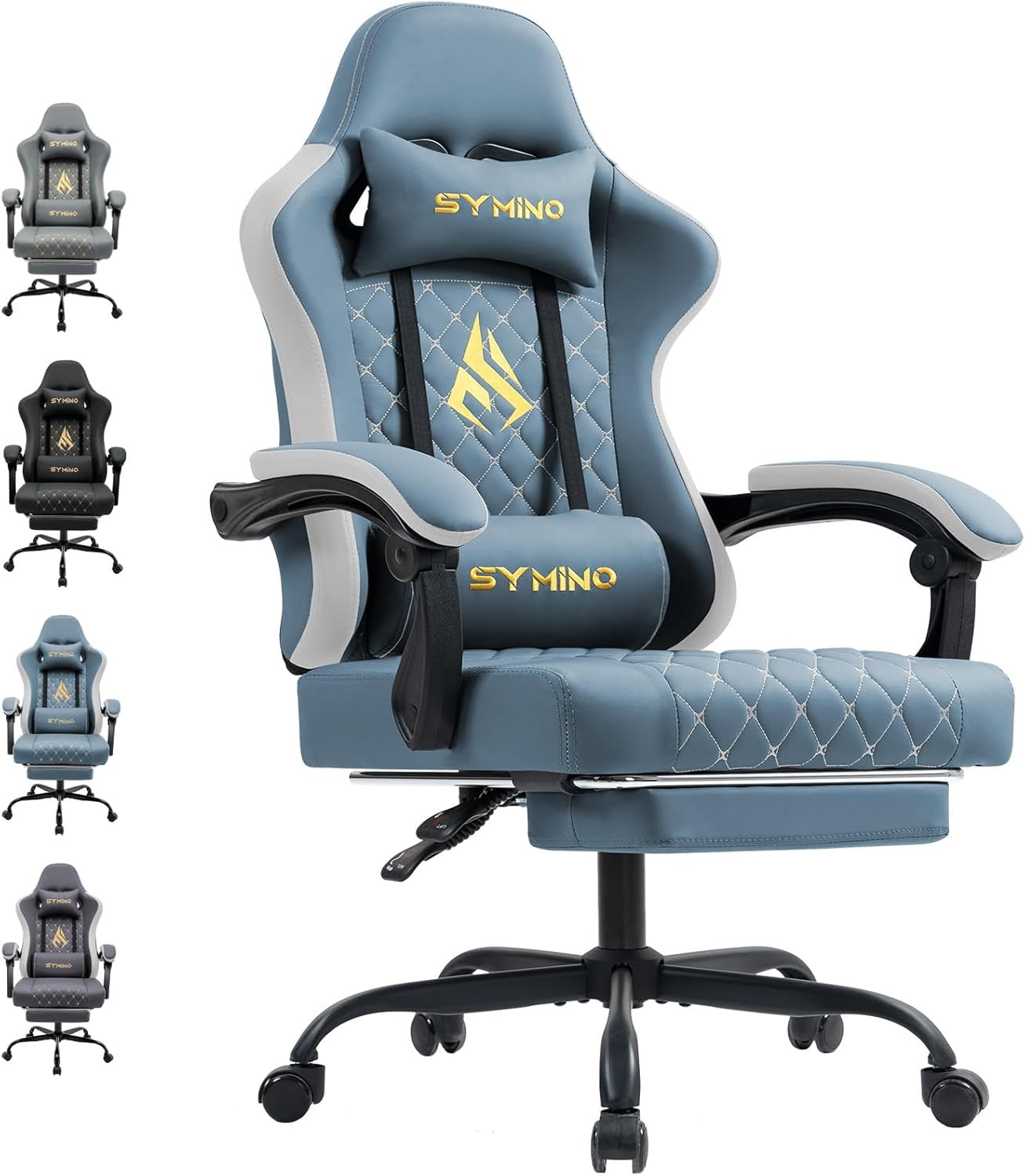 Ergonomic Gaming Chair w/ Footrest Reclining PU Leather Blue