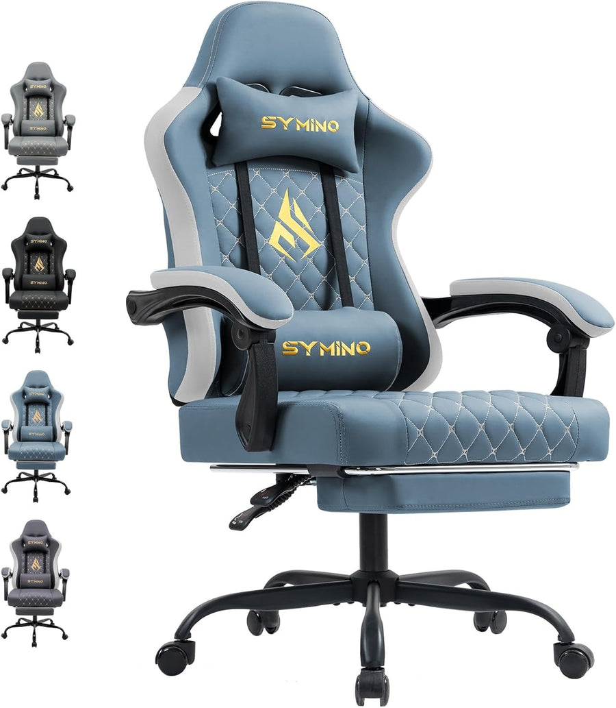 Ergonomic Gaming Chair w/ Footrest Reclining PU Leather Blue