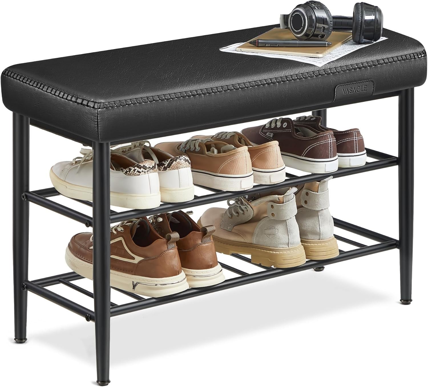 Mid Century Shoe Bench 3 Tier Storage Seat Faux Leather 135kg Load 80cm Black