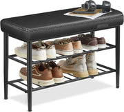 Mid Century Shoe Bench 3 Tier Storage Seat Faux Leather 135kg Load 80cm Black