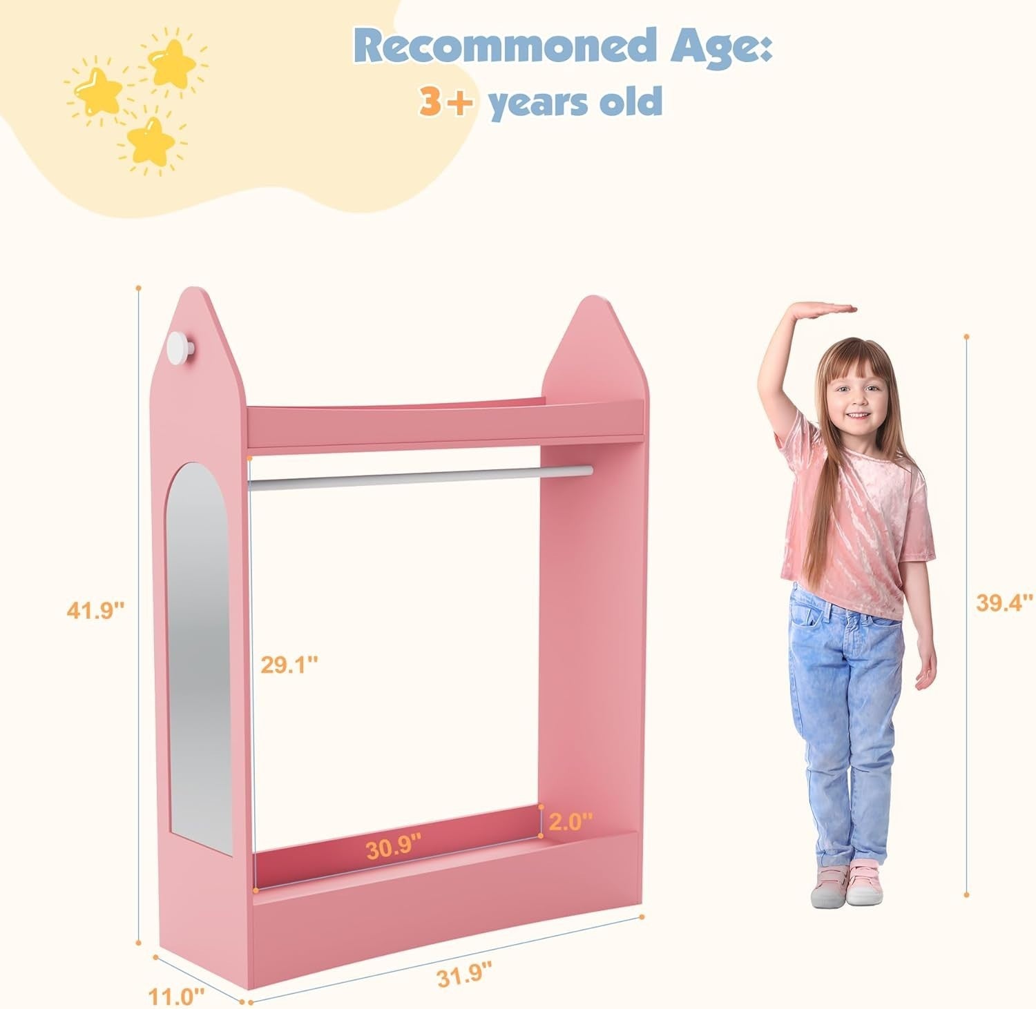 Kids Wardrobe with Mirror & Hanging Rail, Open Storage, Pink Rocket Design