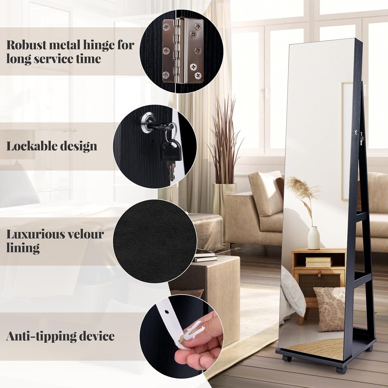 Black LED Jewelry Cabinet Mirror Lockable Rolling Storage Organizer